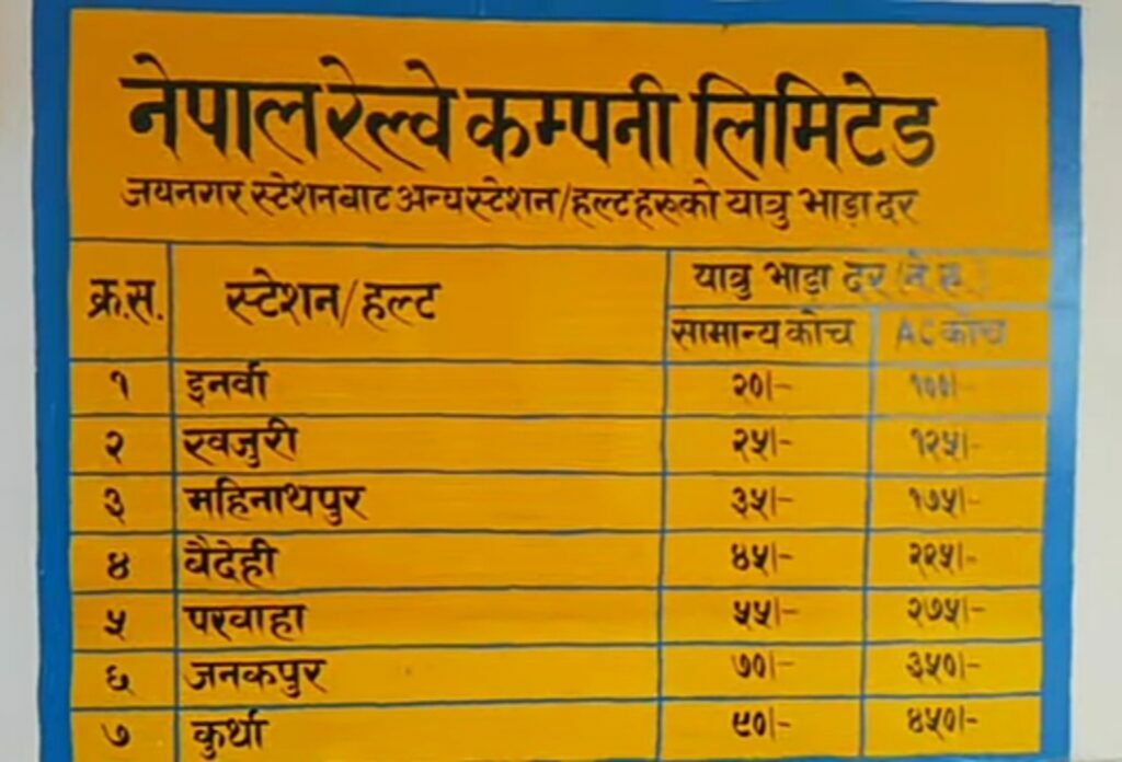 जयनगर से जनकपुर तक नेपाल रेलवे का किराया सूची