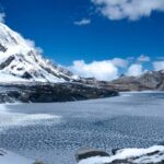 Tilicho Tal Lake from above with blue water and snow-capped peaks